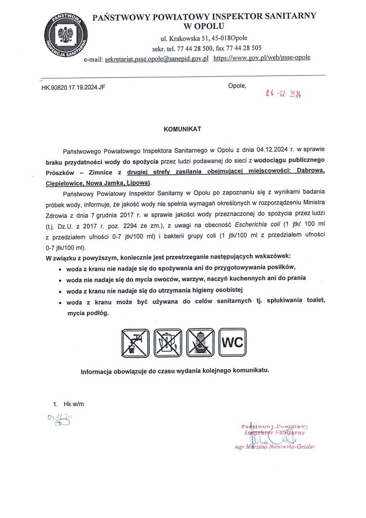 Komunikat PROKADO dla gminy Dabrowa 04 12 2024